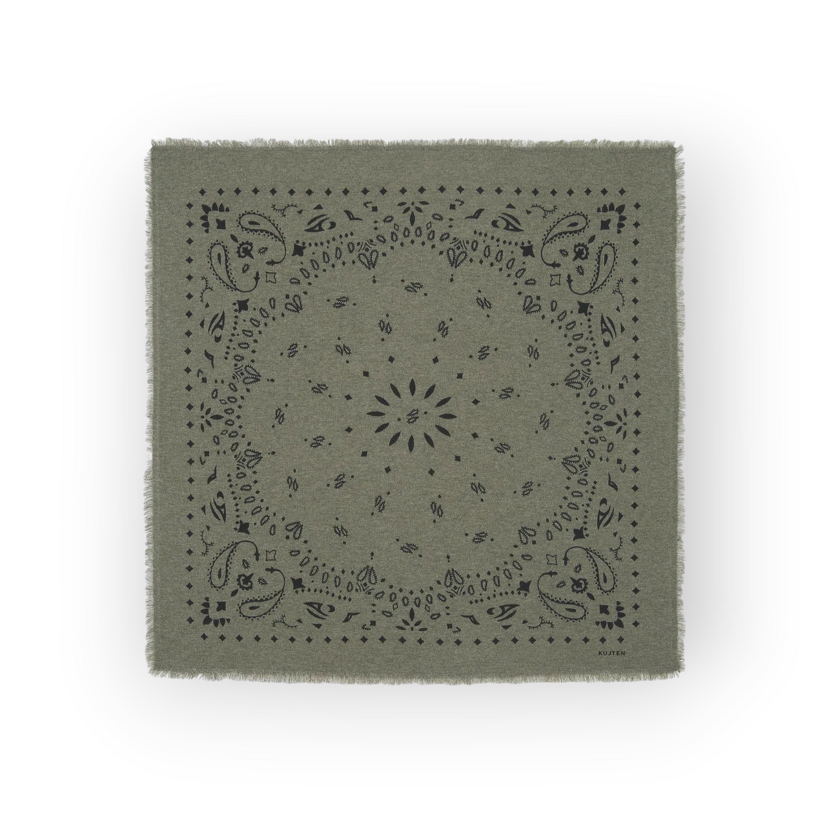 Ygreque Kujten Hachiko square scarf in khaki cashmere with a dark grey bandana paisley print and frayed edges.