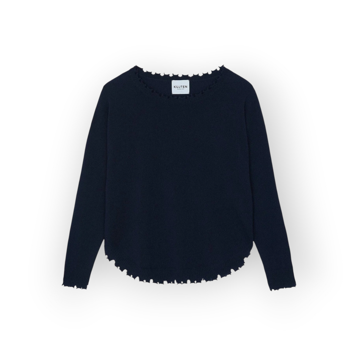 Ygreque Kujten Mela navy blue cashmere sweater with a round neck and distressed hem detail in a jersey knit.