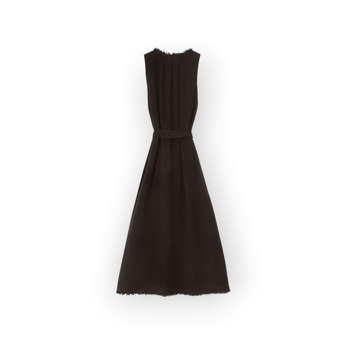 Ygreque Xirena Mayson black midi dress in double-faced cotton gauze with raw edge trim and a belted waist.