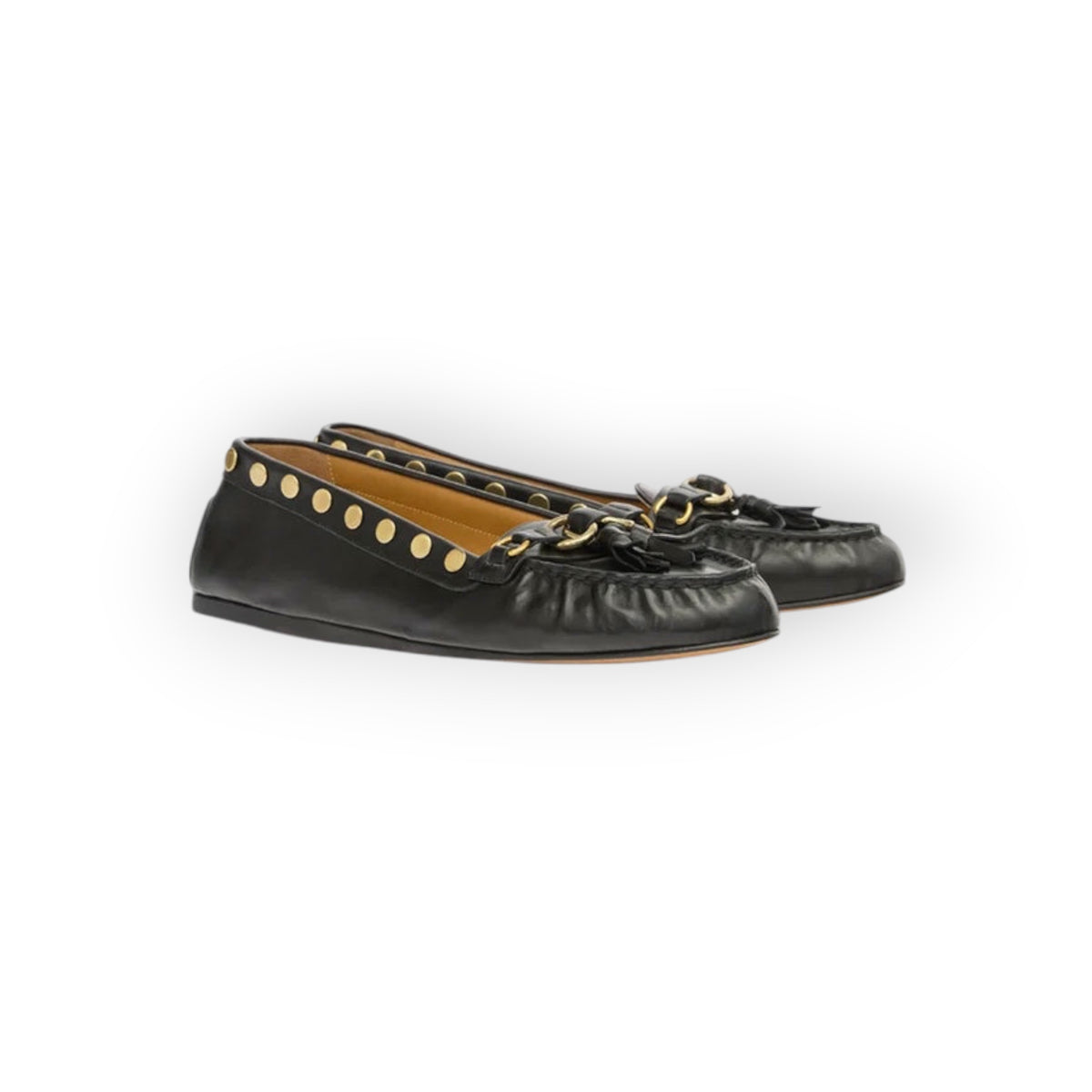 Ygreque Isabel Marant Faxel black calf leather loafers with gold metal rings, tassels, and stud detailing.