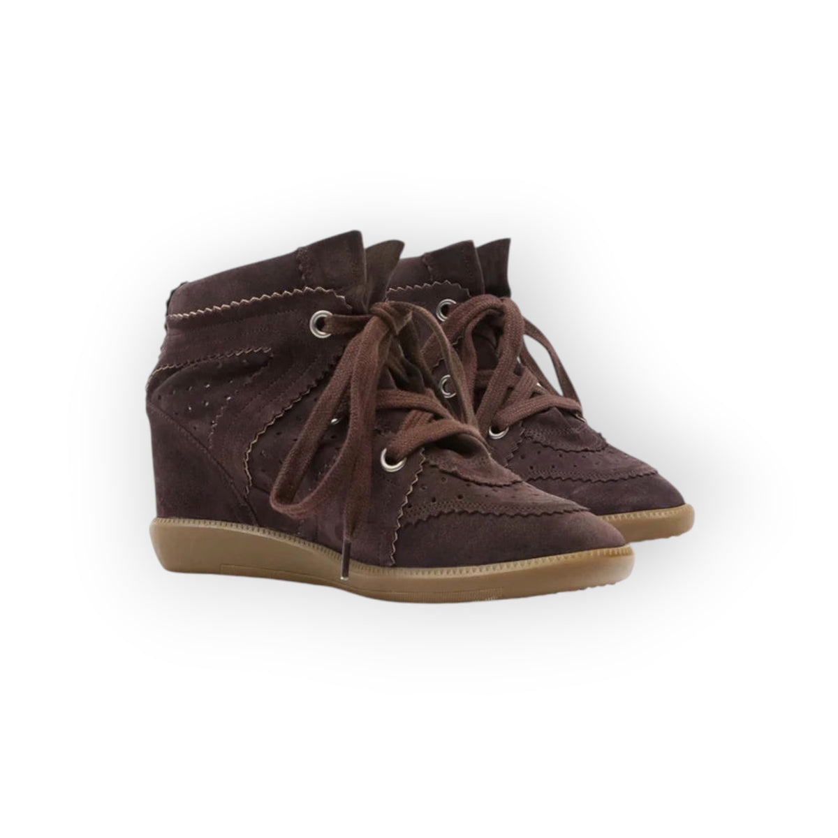 Ygreque Isabel Marant Bobby wedge sneakers in chocolate brown suede with lace-up closure and serrated trim details.