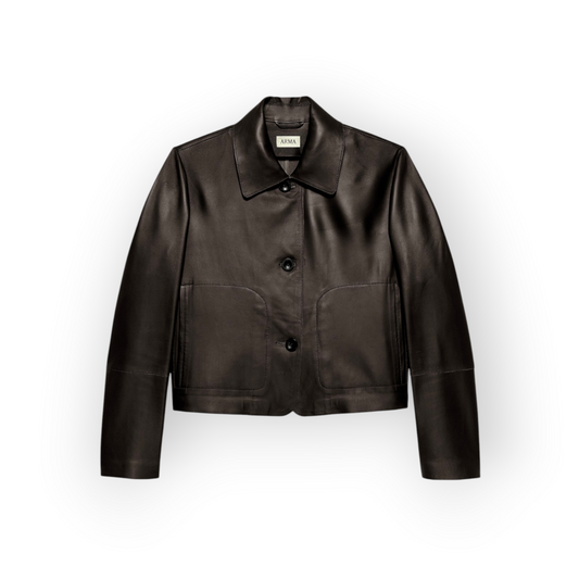 Ygreque Arma Emy coffee bean brown lambskin leather jacket with a classic collar and front button closure.