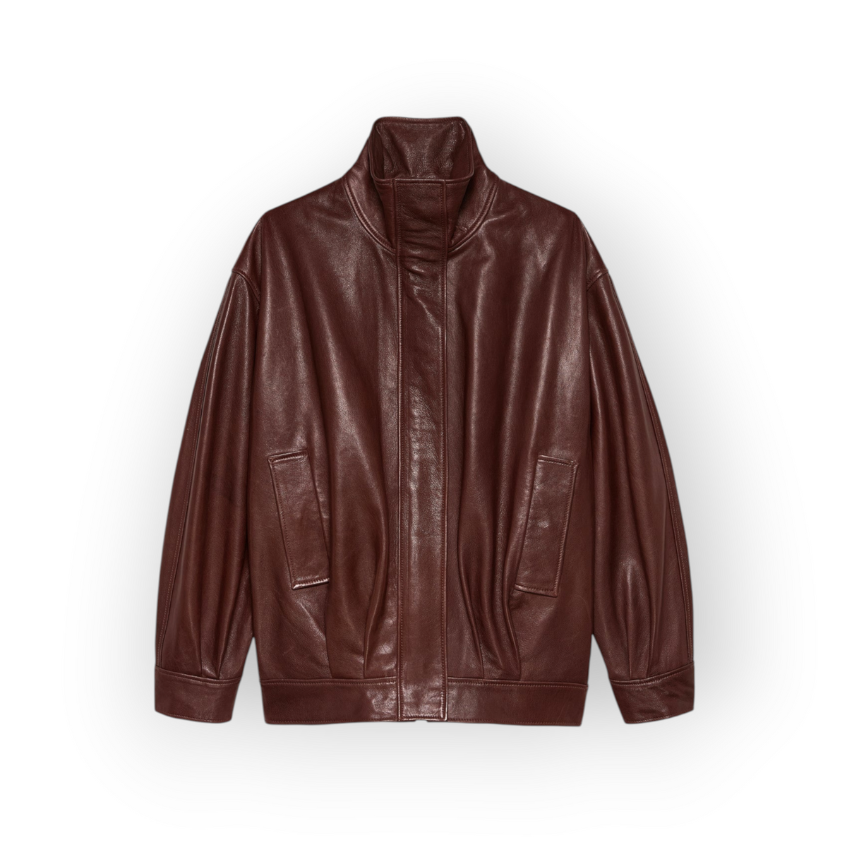 Ygreque Paula mahogany lambskin leather jacket with a structured funnel collar and regular fit design.