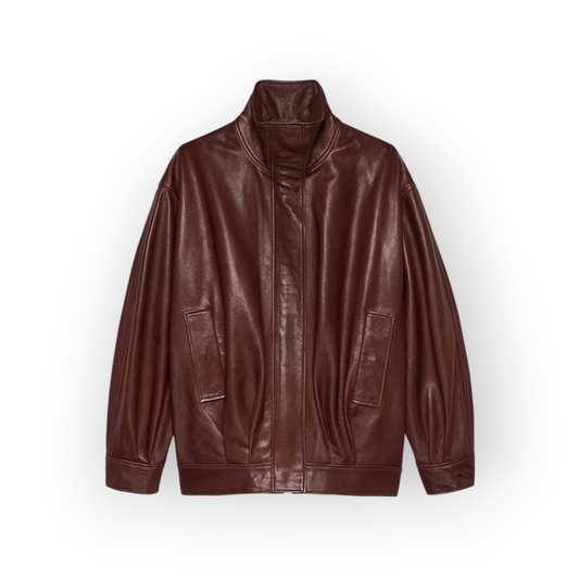 Ygreque Paula mahogany lambskin leather jacket with a structured funnel collar and regular fit design.