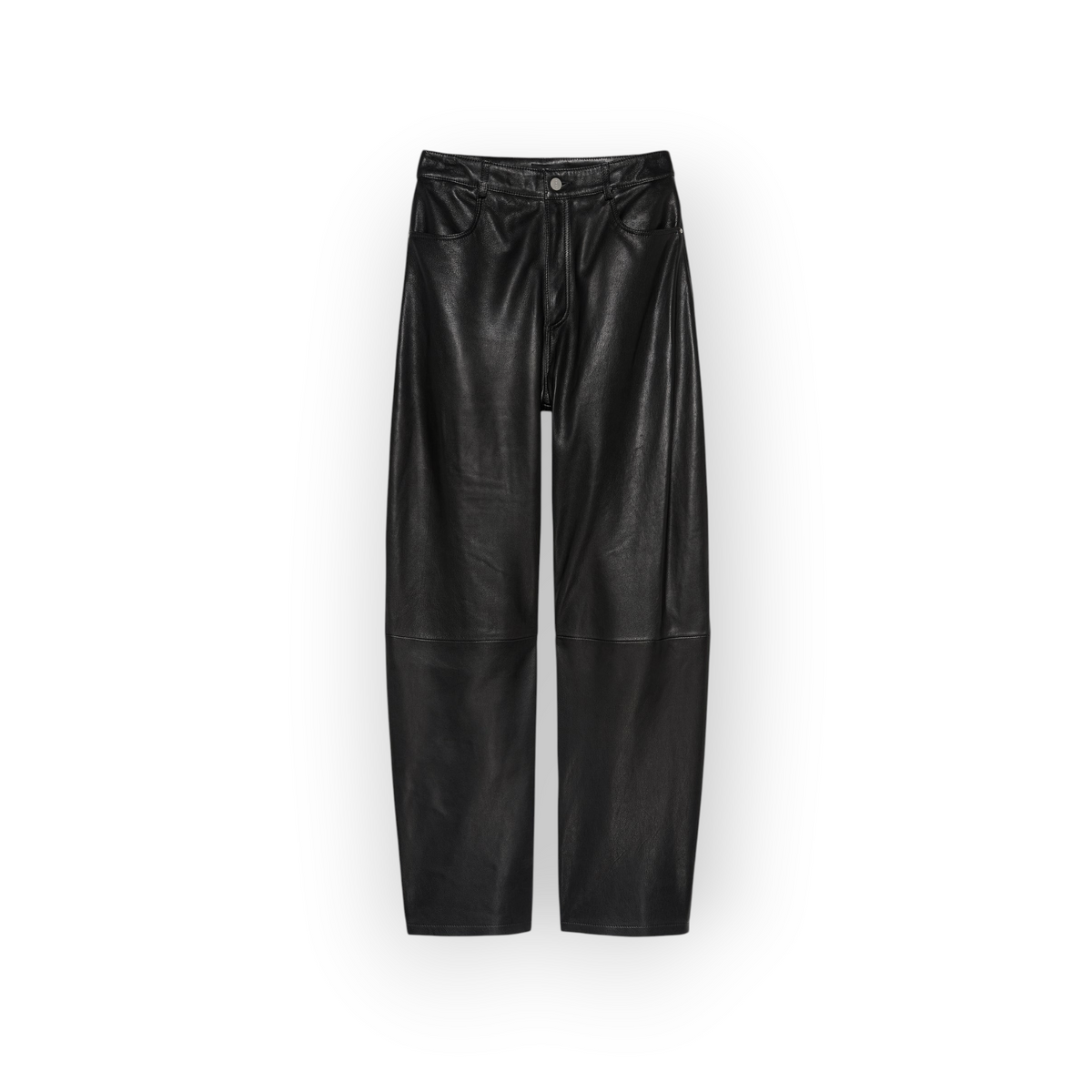 Ygreque Arma black lambskin leather barrel trousers with a high-waisted fit and satin lining.