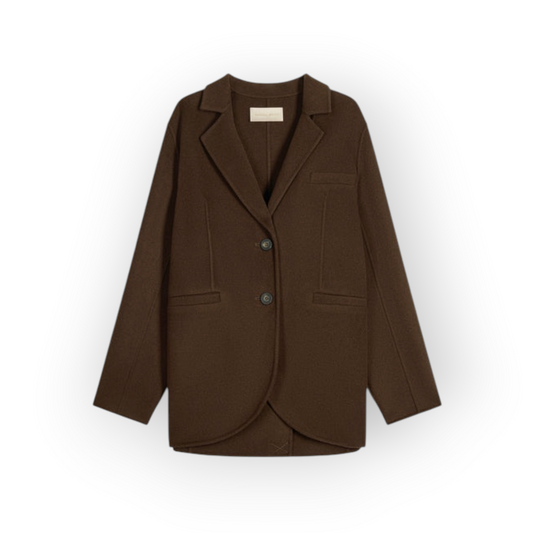 Ygreque Vanessa Bruno Marc jacket in chocolate brown wool blend with notched lapels and horn-effect buttons.