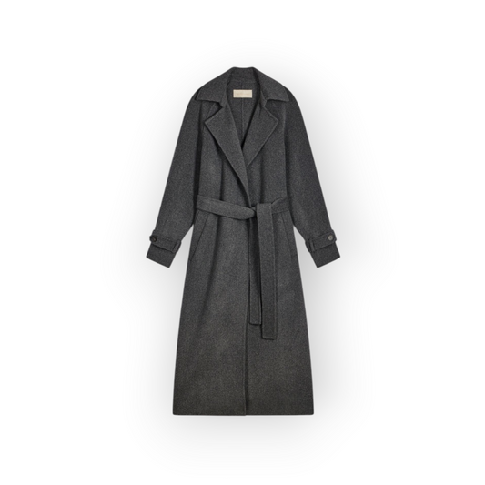 Ygreque Vanessa Bruno Faro anthracite wool blend wrap coat with notched collar, tie belt, and buttoned cuffs.
