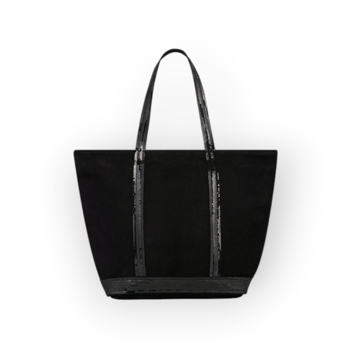 Ygreque Vanessa Bruno Cabas M black suede tote bag with signature sequin trim on handles and base