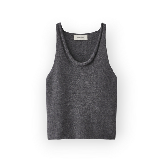 Ygreque Lisa Yang Hayda crop top in graphite grey heavy knit cashmere with a rolled scoop neckline and raw hem.