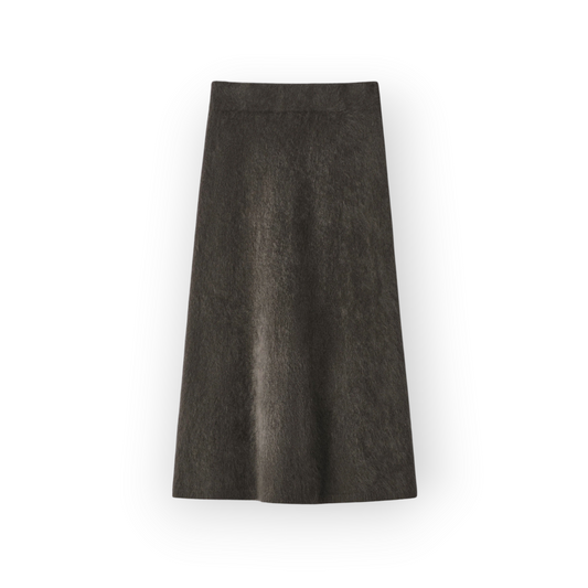 Ygreque Lisa Yang Asta A-line skirt in dark fern brushed cashmere with an elasticated waist and knee-length cut.