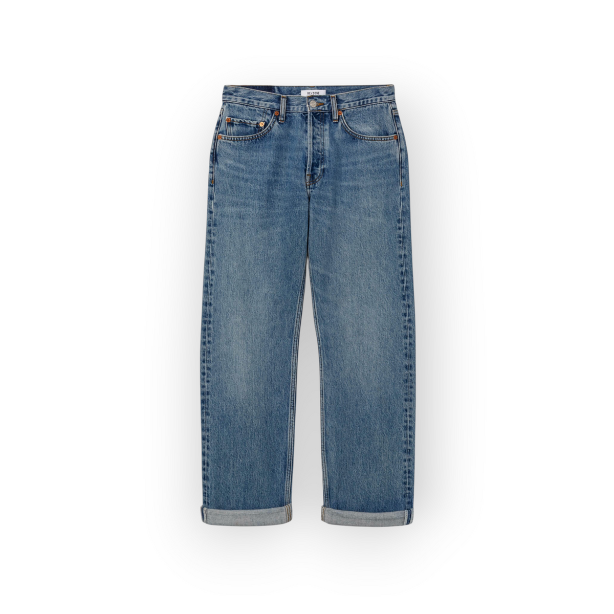 Ygreque Re/done Beau Daytripper mid-rise boyfriend jeans in vintage light blue rigid denim with cuffed hem