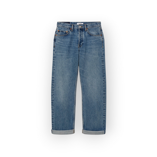 Ygreque Re/done Beau Daytripper mid-rise boyfriend jeans in vintage light blue rigid denim with cuffed hem