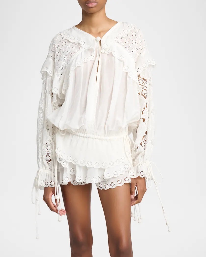 Top paysan brodé Isabel Marant "Nowana" — Coton, soie et dentelle ajourée