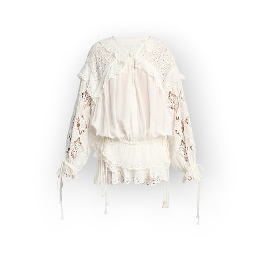 Top paysan brodé Isabel Marant "Nowana" — Coton, soie et dentelle ajourée