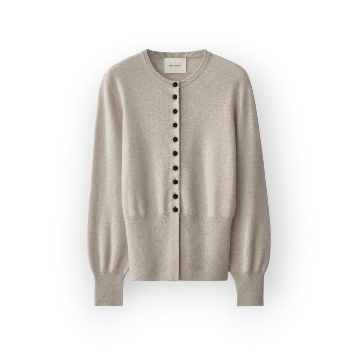 Ygreque Lisa Yang Maven oyster cashmere cardigan with black buttons and ribbed hem