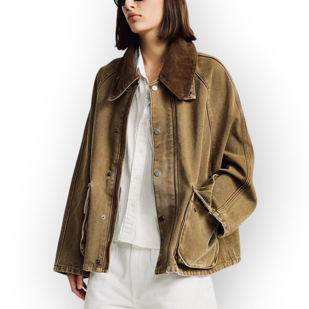 Model wearing a Ygreque Denimist Shelton field coat in khaki cotton with a brown corduroy collar and oversized fit.