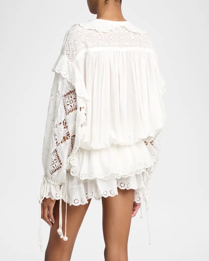 Top paysan brodé Isabel Marant "Nowana" — Coton, soie et dentelle ajourée