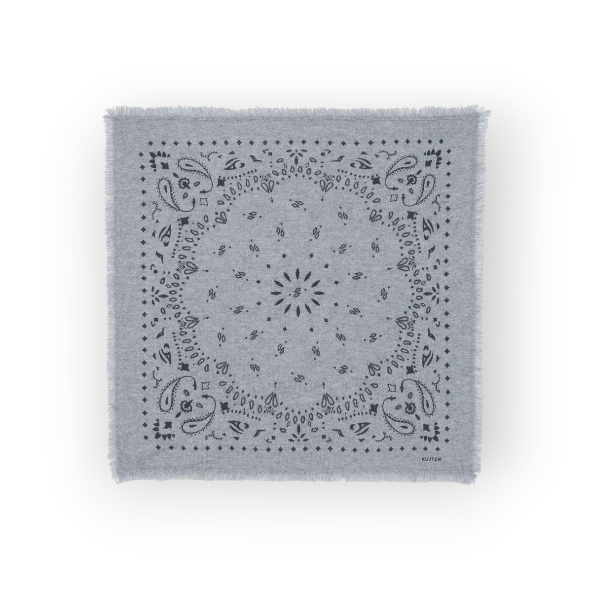 Ygreque Kujten Hachiko square bandana in grey heather cashmere with a traditional paisley print and fringed edges.
