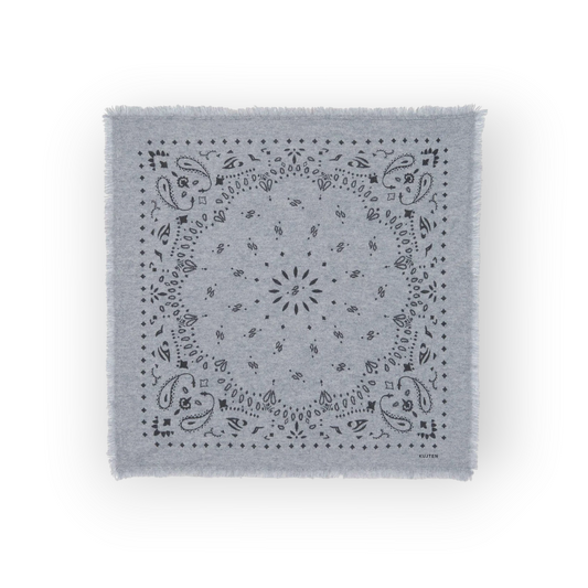 Ygreque Kujten Hachiko square bandana in grey heather cashmere with a traditional paisley print and fringed edges.