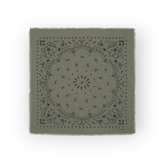 Ygreque Kujten Hachiko square scarf in khaki cashmere with a dark grey bandana paisley print and frayed edges.