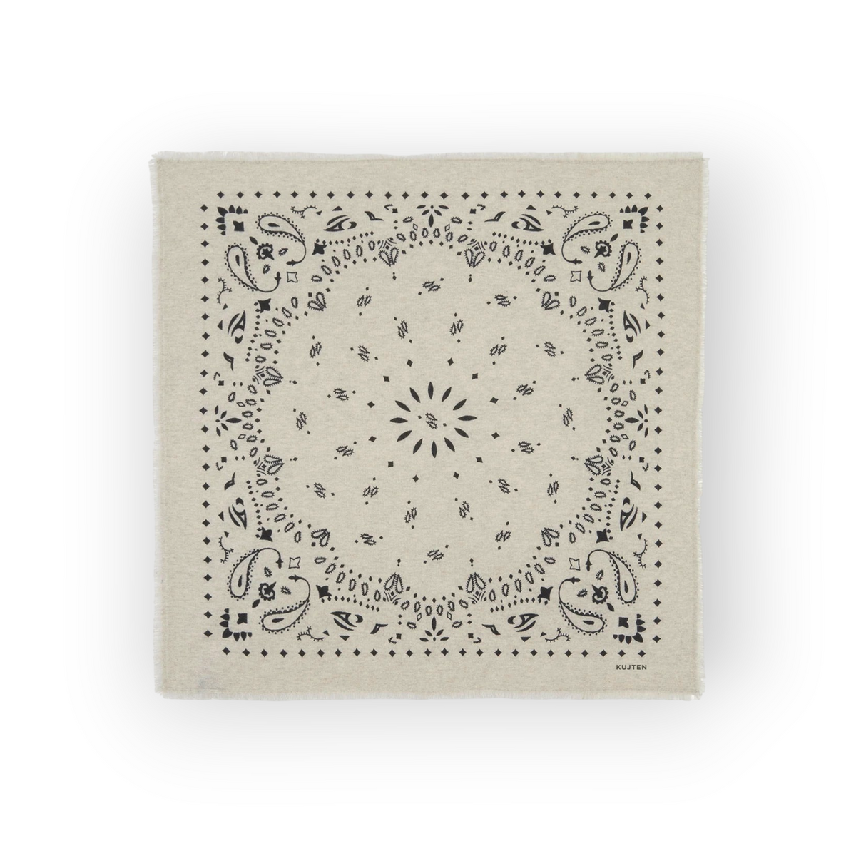 Ygreque Kujten Hachiko square bandana in oatmeal beige cashmere with a black paisley print and frayed edges