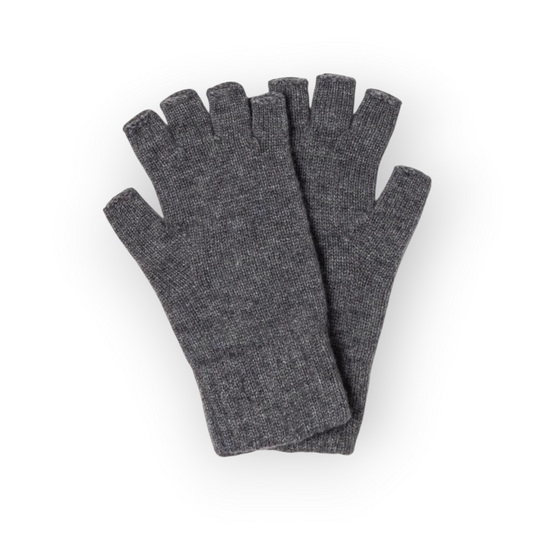 Ygreque Kujten Kappa fingerless gloves in flannel grey 100% cashmere jersey knit for warmth and dexterity.