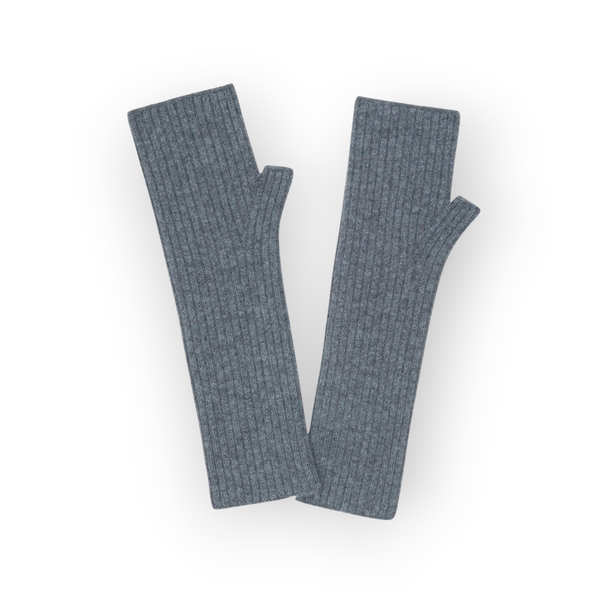Ygreque Kujten long fingerless mittens in flannel grey ribbed cashmere blend covering the wrist and forearm.