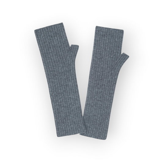 Ygreque Kujten long fingerless mittens in flannel grey ribbed cashmere blend covering the wrist and forearm.