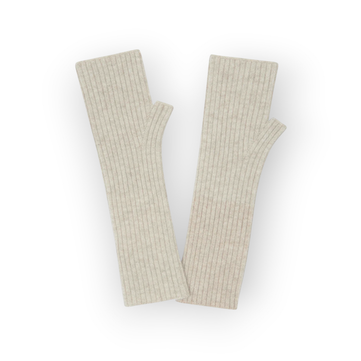 Ygreque Kujten Knokke fingerless gloves in oatmeal ribbed cashmere blend, 29cm long for forearm coverage.