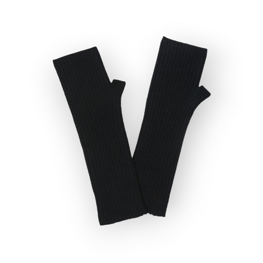 Ygreque Kujten long black fingerless gloves in ribbed cashmere blend knit for winter warmth and style.