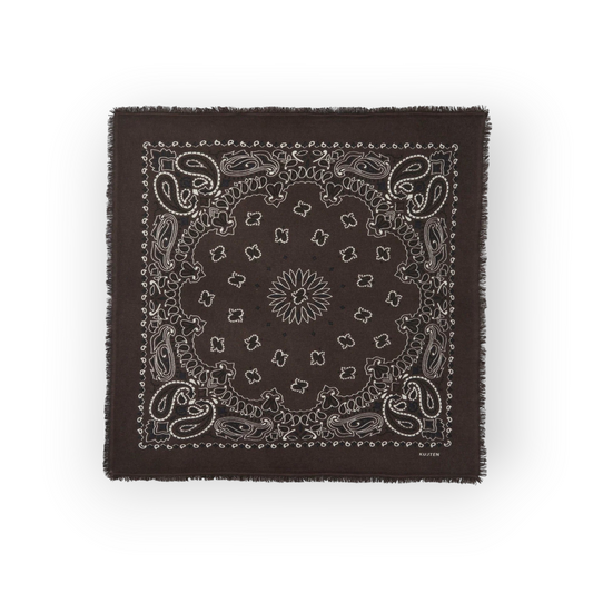 Ygreque Kujten Hachiko brown cashmere bandana scarf with white paisley print and frayed edges in a square 92x92cm cut