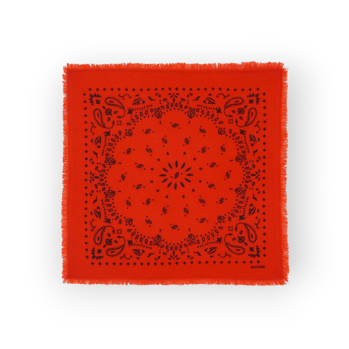 Ygreque Kujten Hachiko square scarf in orange rosso with black bandana print and frayed edges