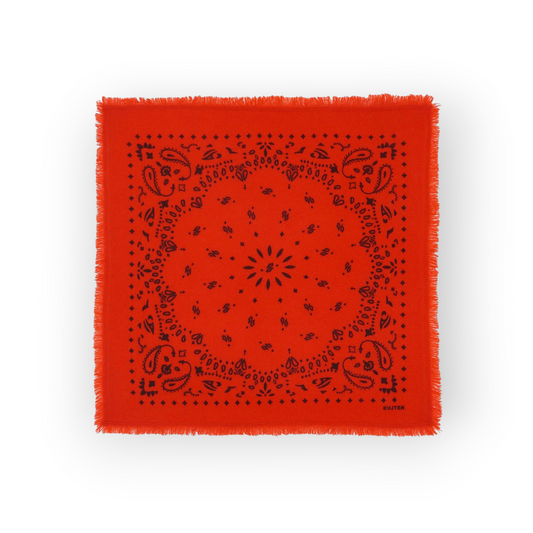 Ygreque Kujten Hachiko square scarf in orange rosso with black bandana print and frayed edges