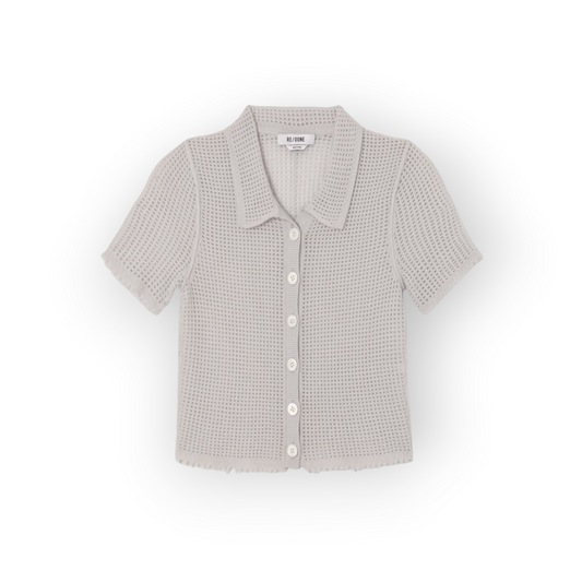 Ygreque Re/done Amelia polo in mist grey cashmere with a crochet-style mesh knit, button front, and cropped fit.