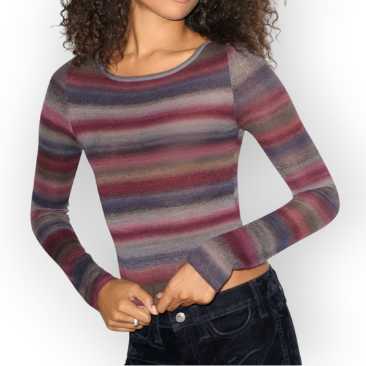 Ygreque Re/Done Nicki mulberry combo space-dye wool sweater with long sleeves and an open boat neckline on a model