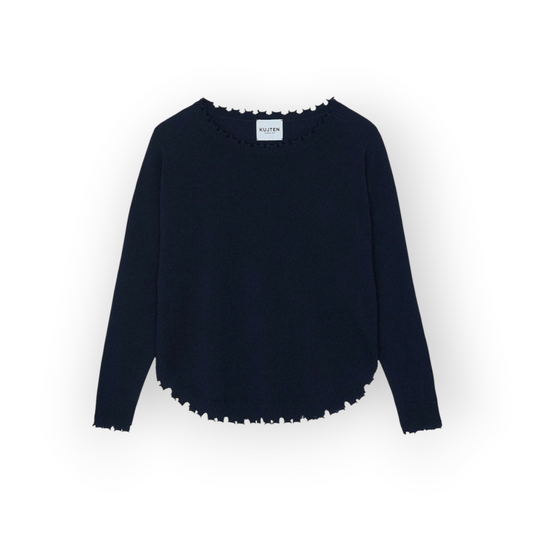 Ygreque Kujten Mela navy blue cashmere sweater with a round neck and distressed hem detail in a jersey knit.