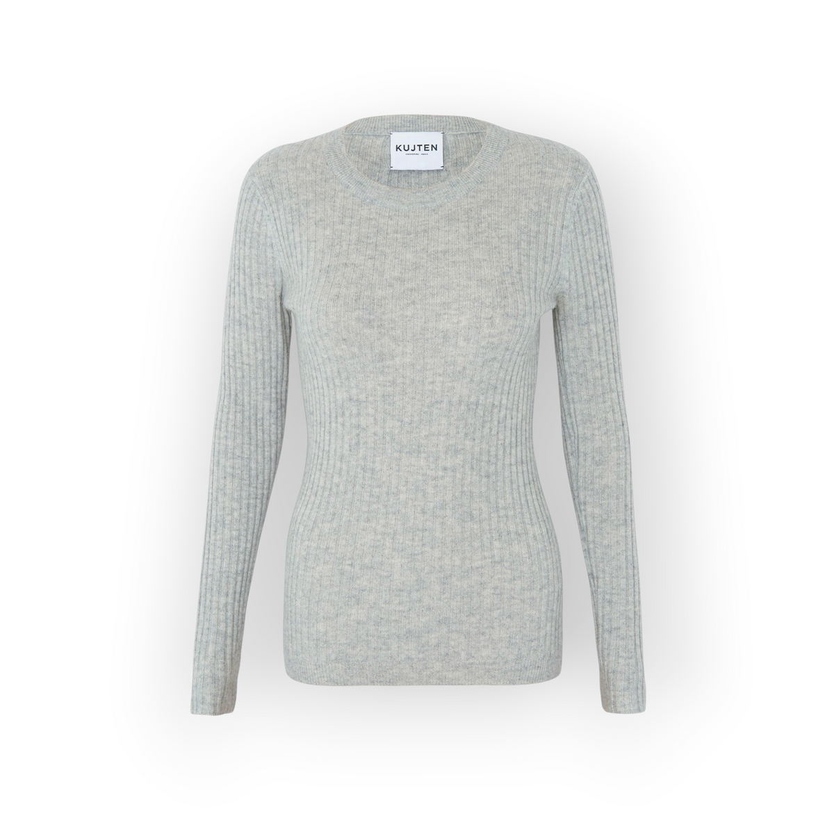 Ygreque Kujten Bibi crew neck sweater in light grey birch cashmere with ribbed texture and straight fit