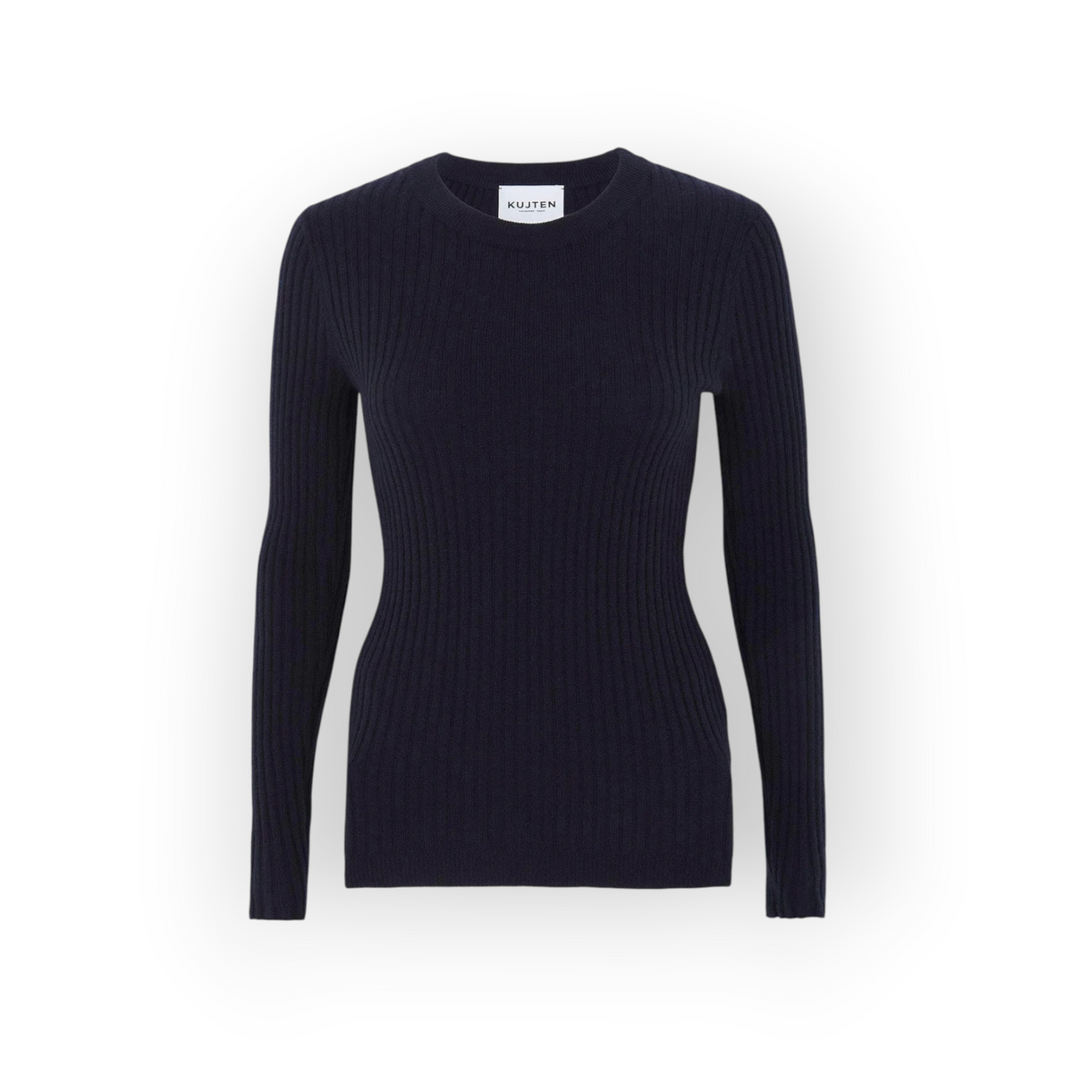 Ygreque Kujten Bibi dark navy blue ribbed cashmere sweater with a round neck and straight fit