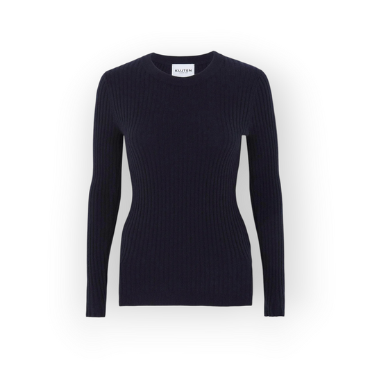 Ygreque Kujten Bibi dark navy blue ribbed cashmere sweater with a round neck and straight fit