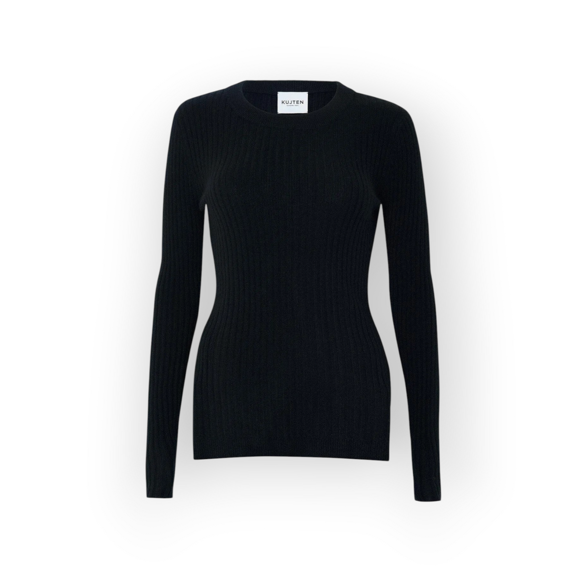 Ygreque Kujten Bibi black round neck sweater in 100% cashmere with a subtle ribbed texture and straight fit.