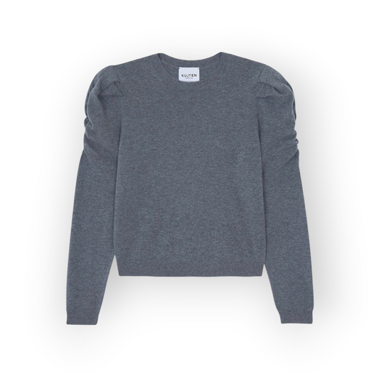 Ygreque Kujten Naoto grey flannel cashmere sweater with round neck and sculptural balloon sleeves