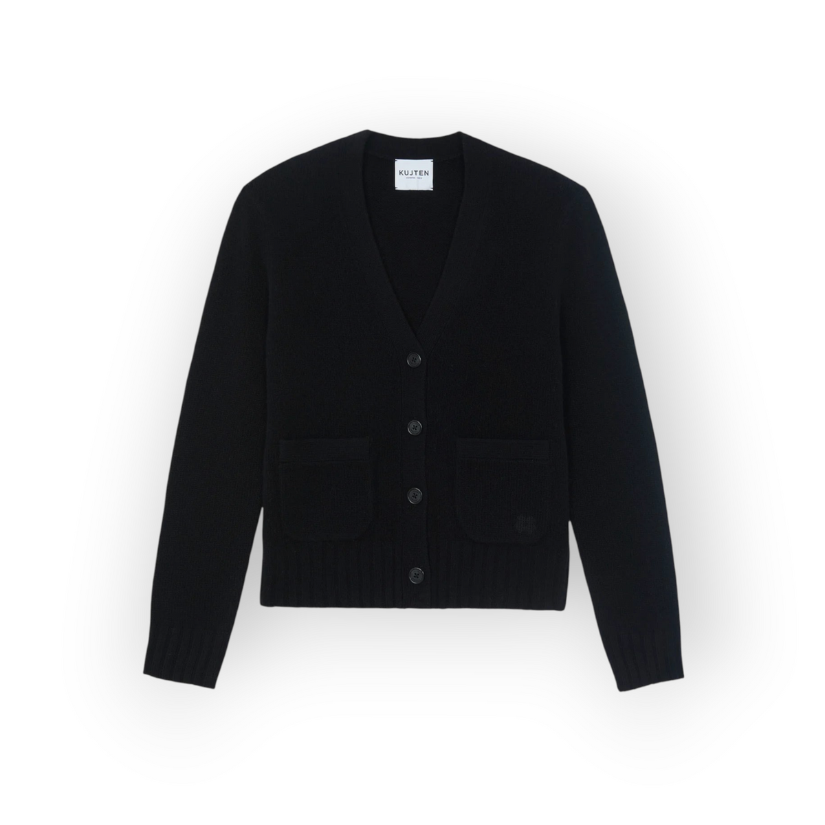 Ygreque Kujten Milena black 6-ply cashmere cardigan with V-neck, button front, and two front pockets