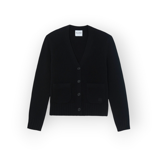 Ygreque Kujten Milena black 6-ply cashmere cardigan with V-neck, button front, and two front pockets