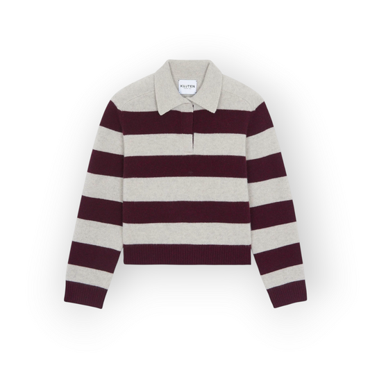 Ygreque Kujten cropped polo shirt in bordeaux and oatmeal striped 100% cashmere with a classic collar