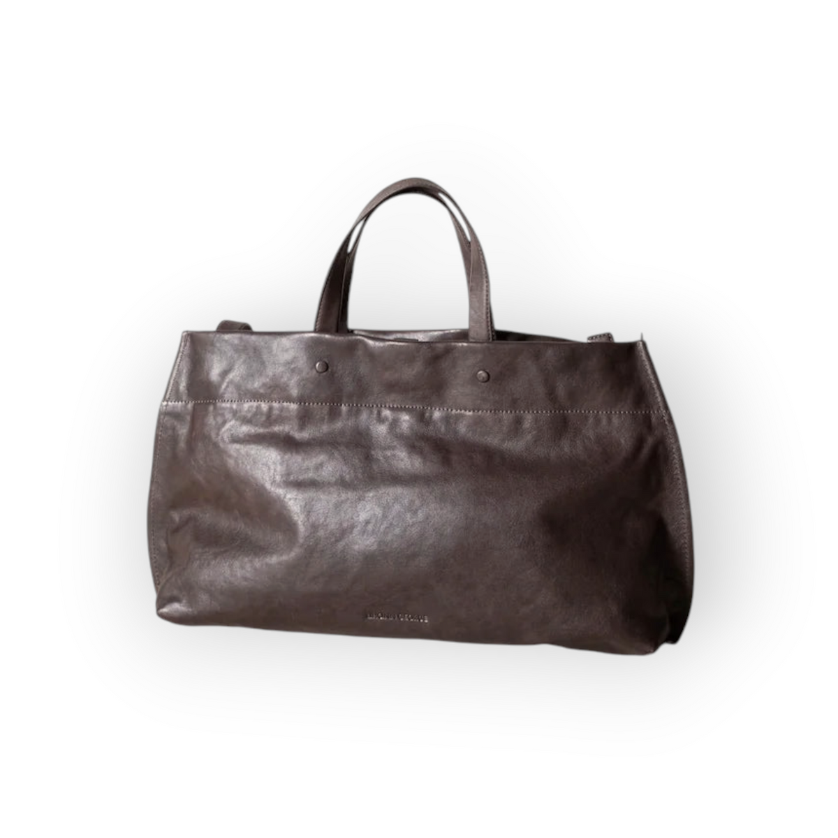 Ygreque Lihann George Elli espresso matte semi-aniline leather laptop bag with structured handles and pin closures.