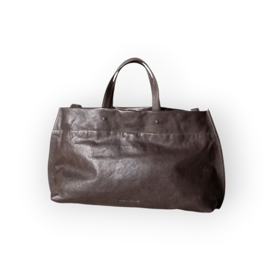 Ygreque Lihann George Elli espresso matte semi-aniline leather laptop bag with structured handles and pin closures.