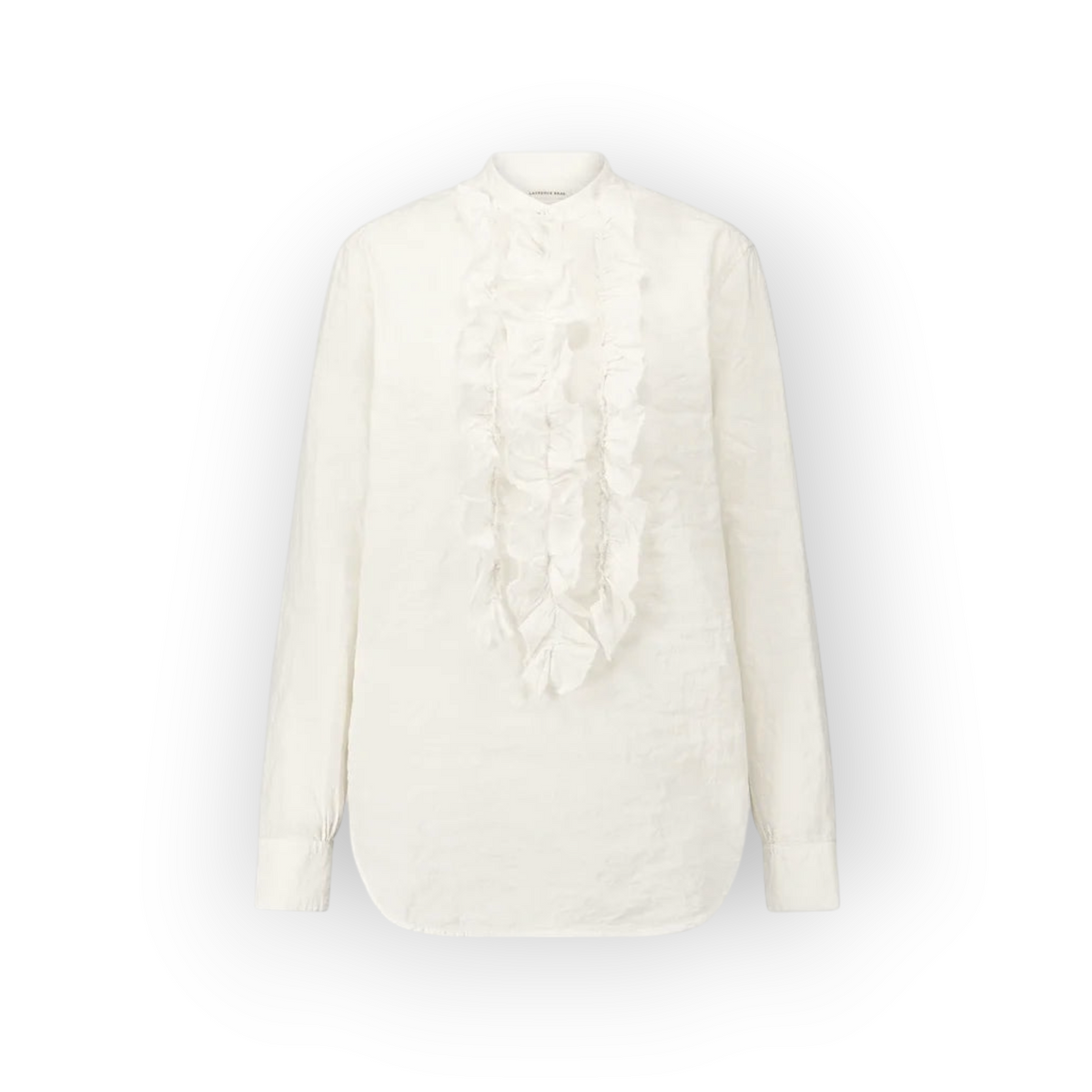 Ygreque Laurence Bras Carita white cotton blouse featuring a ruffled front placket and long sleeves.