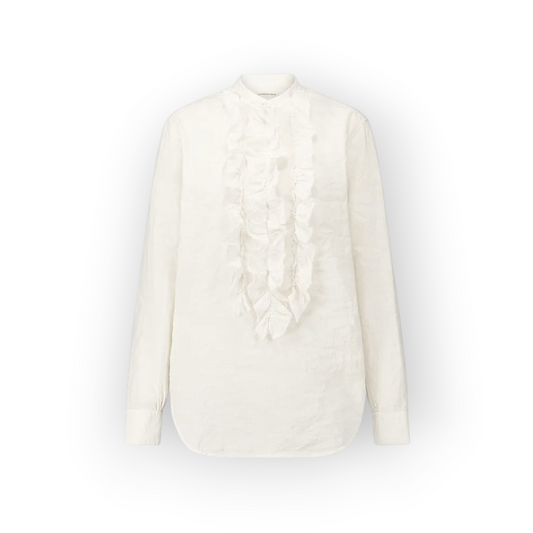 Ygreque Laurence Bras Carita white cotton blouse featuring a ruffled front placket and long sleeves.
