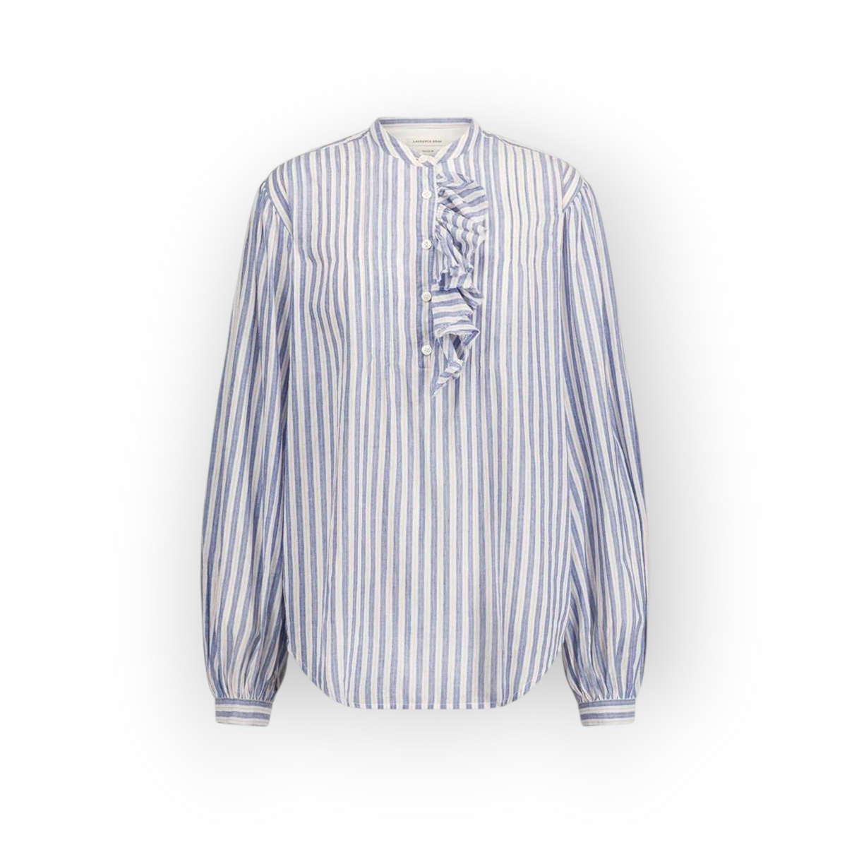 Ygreque Laurence Bras blue striped cotton blouse featuring a round neck, long puff sleeves, and asymmetric ruffles.