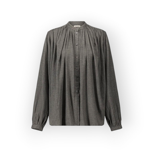 Ygreque Laurence Bras Poppy grey cotton blouse with mandarin collar, button front, and gathered detailing.